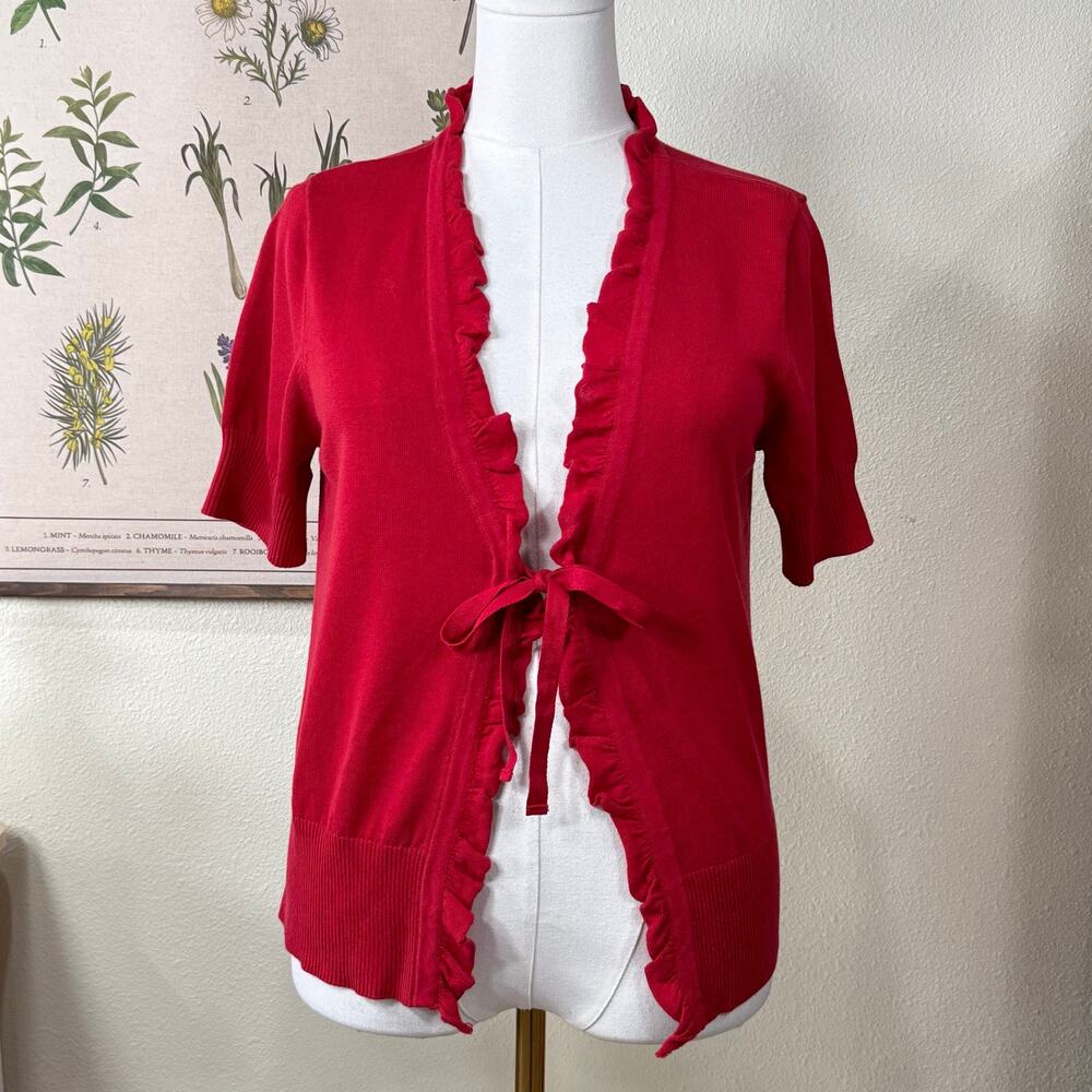Red Ruffle Tie Front Cardigan Sweater Whimsy Twee Coquette Americana Mod Retro L